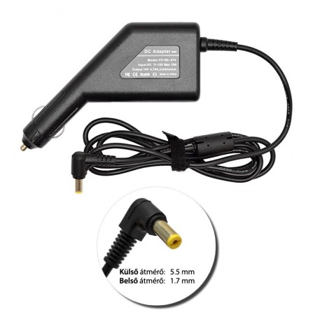 Acer 19V 4.74A (90W)  utángyártott új autós, szivargyújtós töltő