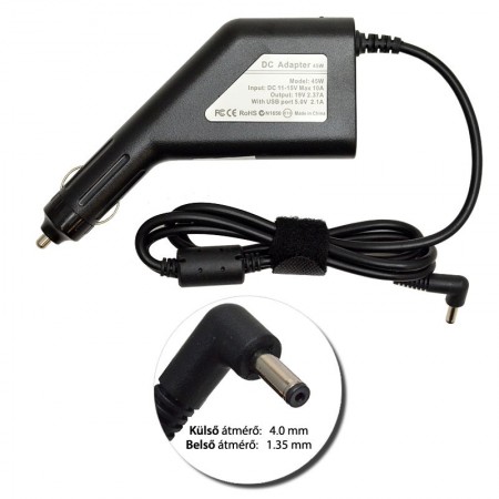 Asus 19V 2.37A (45W) 4.0x1.35mm utángyártott új autós, szivargyújtós laptop töltő