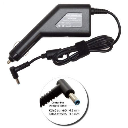 HP 19.5V 3.33A (65W) vékony center-pin utángyártott új autós, szivargyújtós laptop töltő