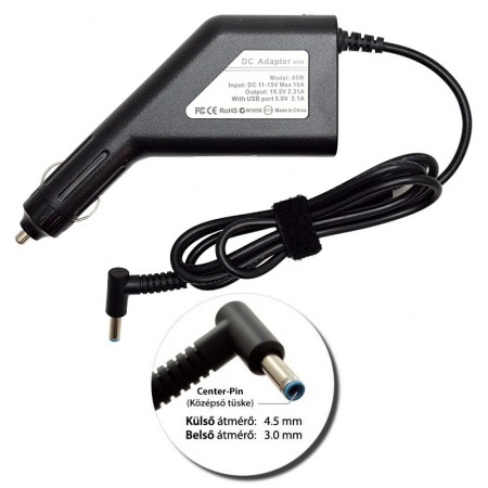 Dell 19.5V 2.31A (45W) 4.5x3.0mm utángyártott új autós, szivargyújtós laptop töltő