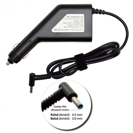 Dell 19.5V 3.34A (65W) 4.5x3.0mm vékony center-pin utángyártott új autós, szivargyújtós laptop töltő