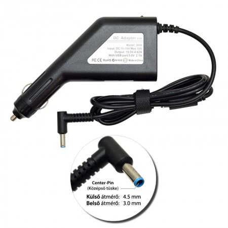HP 19.5V 4.62A (90W) vékony center-pin utángyártott új autós, szivargyújtós laptop töltő