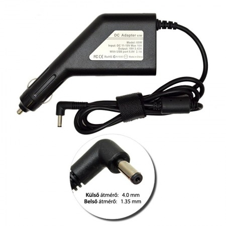 Asus 19V 3.42A (65W) 4.0x1.35mm Zenbook utángyártott új autós, szivargyújtós laptop töltő