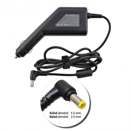 Toshiba 19V 3.42A (65W) utángyártott új autós, szivargyújtós laptop töltő