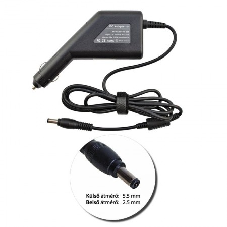 Toshiba 19V 3.95A (75W) utángyártott új autós, szivargyújtós laptop töltő