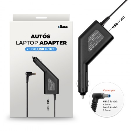 Dell 19.5V 3.34A (65W) 4.5x3.0mm vékony center-pin utángyártott új autós, szivargyújtós laptop töltő – 1. kép