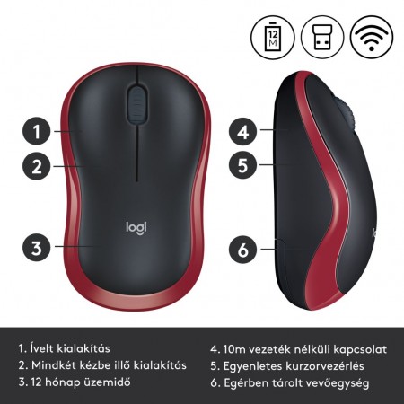Logitech M185 vezeték nélküli optikai USB egér piros (910-002240)