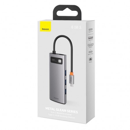 Baseus Metal Gleam Series 6 az 1-ben hub, USB-C - 3x USB 3.0, HDMI, USB-C PD, RJ45 Ethernet (CAHUB-CW0G)