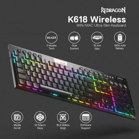 Redragon Horus Blue Switch vezetékes/vezeték nélküli billentyűzet fekete (K618-RGB_BLUE_HU)